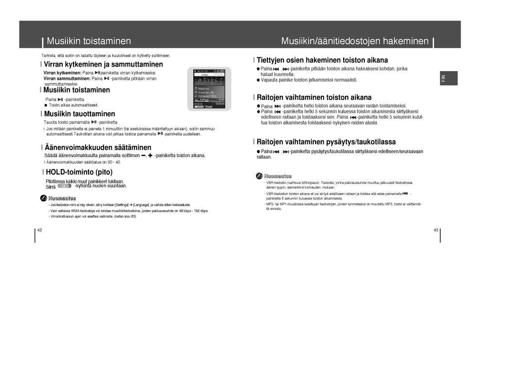 Samsung YP-T8X/ELS, YP-T8Z/ELS manual Musiikin toistaminen, Musiikin/äänitiedostojen hakeminen 