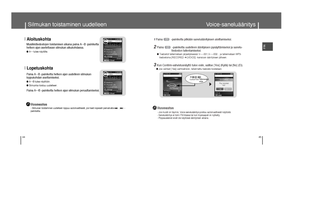 Samsung YP-T8Z/ELS manual Silmukan toistaminen uudelleen Voice-saneluäänitys, Aloituskohta, Lopetuskohta, ↔ tulee näytölle 