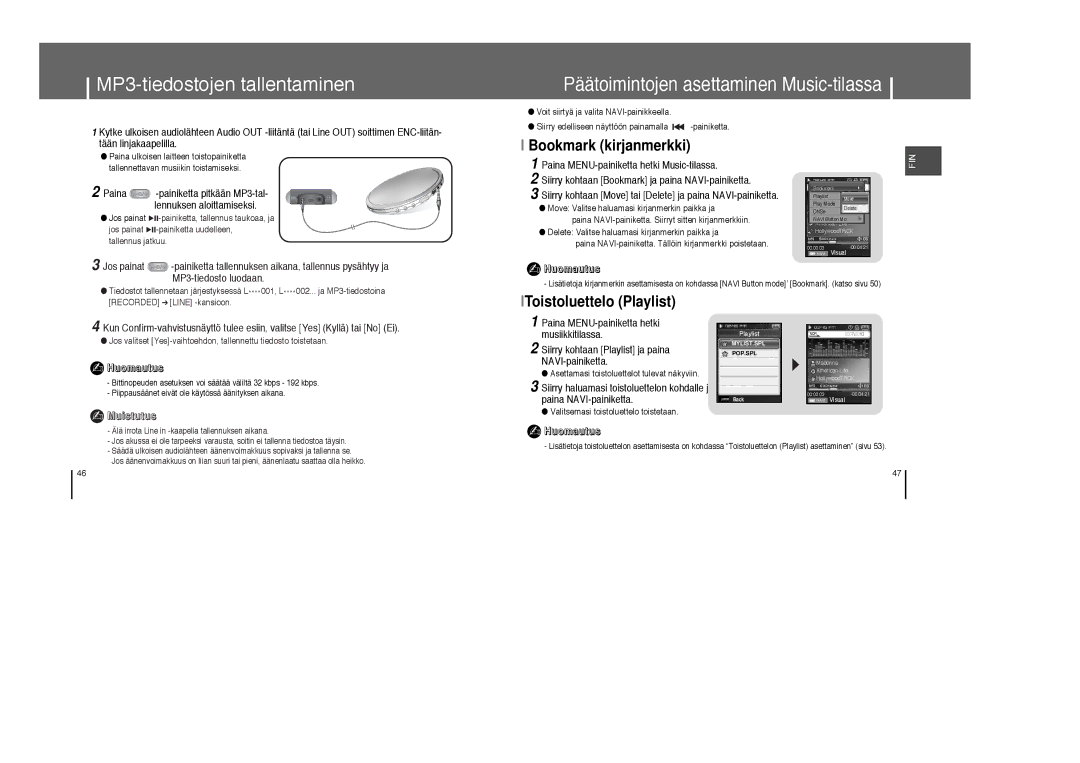 Samsung YP-T8X/ELS, YP-T8Z/ELS manual MP3-tiedostojen tallentaminen, Bookmark kirjanmerkki, LToistoluettelo Playlist 