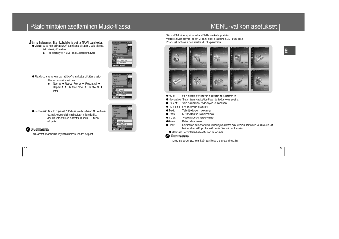 Samsung YP-T8X/ELS, YP-T8Z/ELS manual MENU-valikon asetukset, Siirry haluamasi tilan kohdalle ja paina NAVI-painiketta 