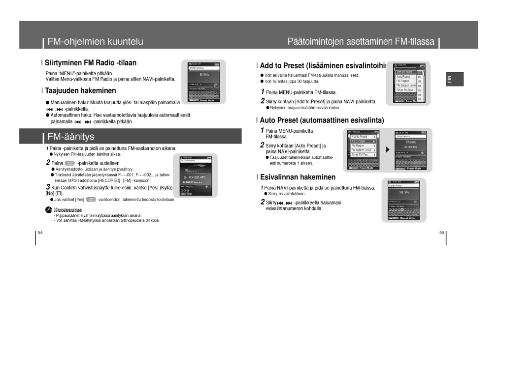 Samsung YP-T8X/ELS, YP-T8Z/ELS manual FM-ohjelmien kuuntelu, FM-äänitys 