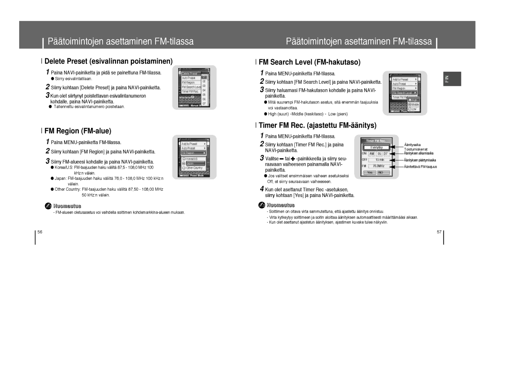 Samsung YP-T8Z/ELS Delete Preset esivalinnan poistaminen, FM Search Level FM-hakutaso, Paina MENU-painiketta FM-tilassa 