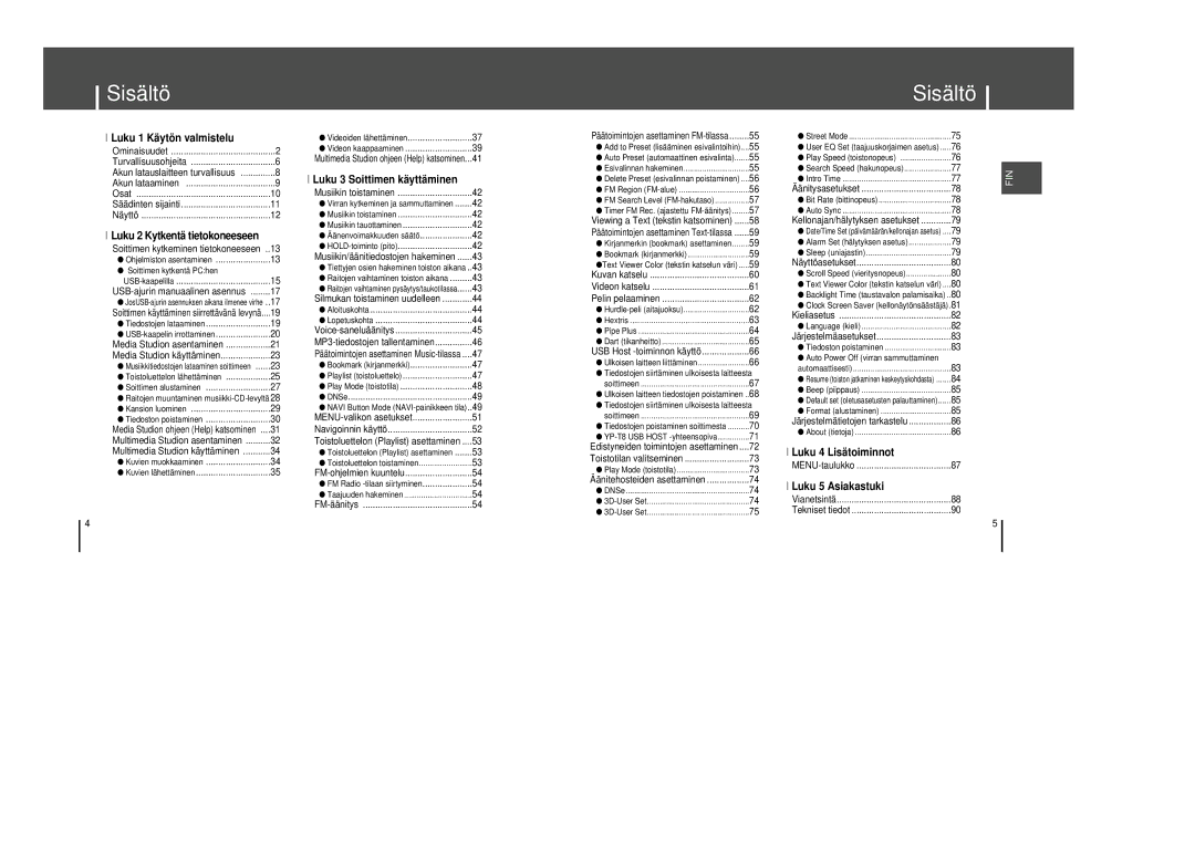 Samsung YP-T8Z/ELS, YP-T8X/ELS manual Sisältö 