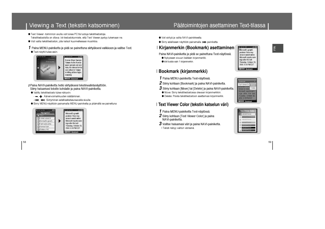 Samsung YP-T8X/ELS manual Viewing a Text tekstin katsominen, Kirjanmerkin Bookmark asettaminen, Text-näyttö tulee esiin 