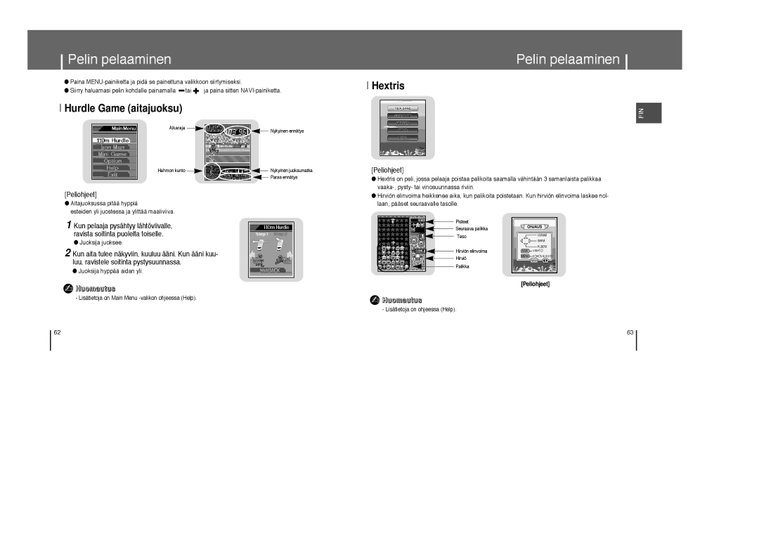 Samsung YP-T8X/ELS, YP-T8Z/ELS manual Pelin pelaaminen, Hextris Hurdle Game aitajuoksu, Peliohjeet 