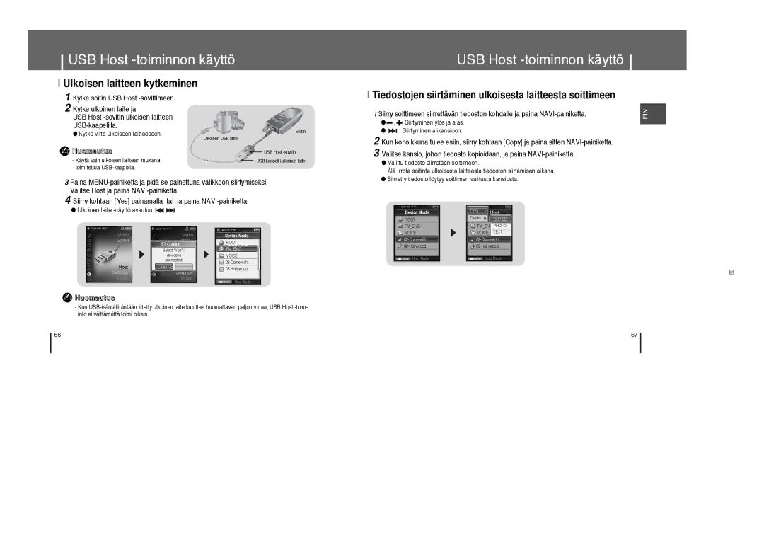 Samsung YP-T8X/ELS, YP-T8Z/ELS manual USB Host -toiminnon käyttö, Ulkoisen laitteen kytkeminen 