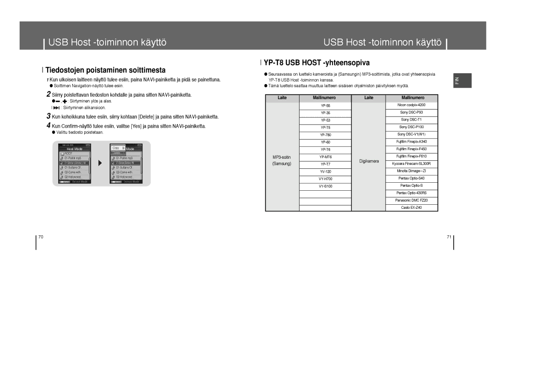 Samsung YP-T8X/ELS Tiedostojen poistaminen soittimesta, YP-T8 USB Host -yhteensopiva, YP-T8 USB Host -toiminnon kanssa 