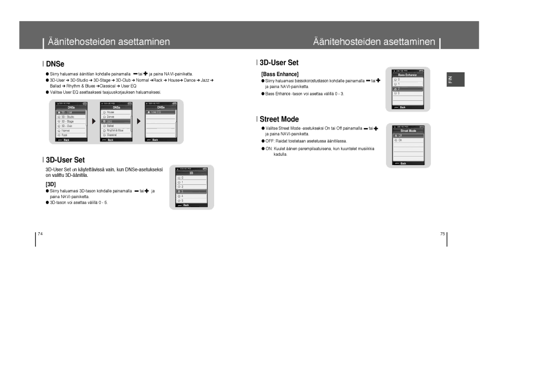 Samsung YP-T8X/ELS, YP-T8Z/ELS manual Äänitehosteiden asettaminen, 3D-User Set, Street Mode, Bass Enhance 