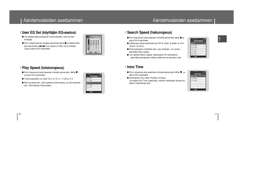 Samsung YP-T8Z/ELS manual User EQ Set käyttäjän EQ-asetus, Search Speed hakunopeus, Play Speed toistonopeus, Intro Time 