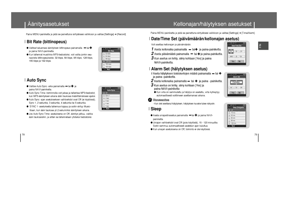 Samsung YP-T8X/ELS manual Äänitysasetukset, Kellonajan/hälytyksen asetukset, Alarm Set hälytyksen asetus, Auto Sync, Sleep 