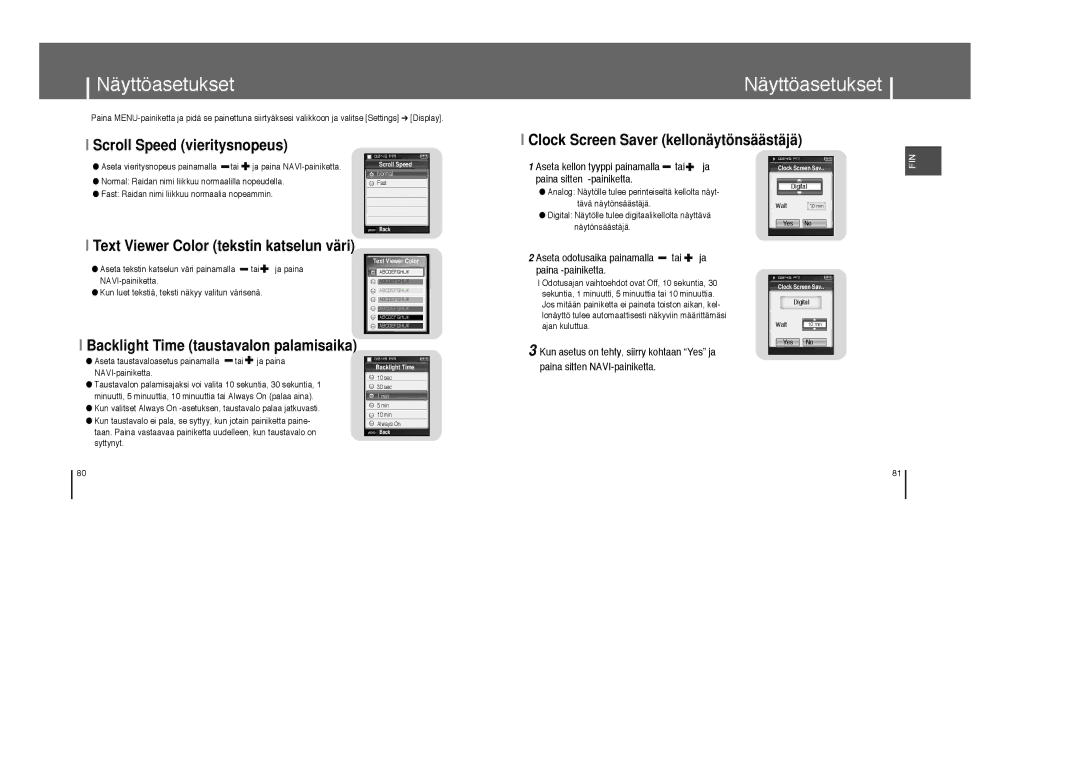 Samsung YP-T8Z/ELS manual Näyttöasetukset, Text Viewer Color tekstin katselun väri, Backlight Time taustavalon palamisaika 