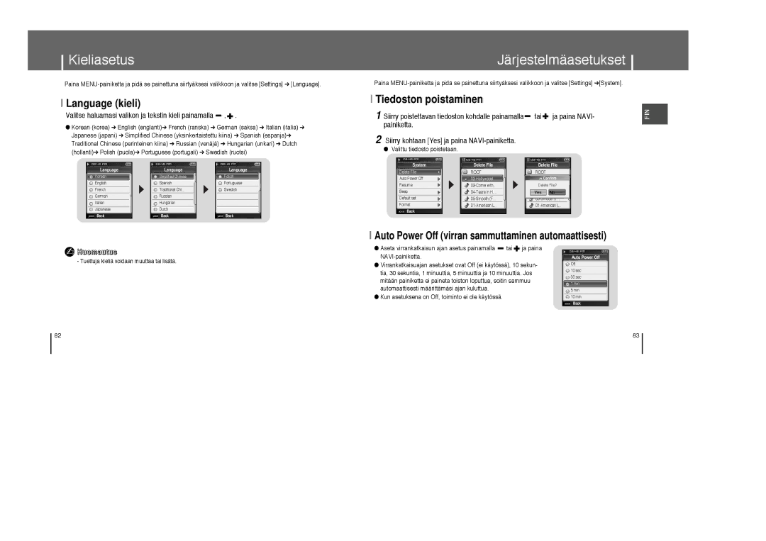 Samsung YP-T8X/ELS, YP-T8Z/ELS manual Kieliasetus, Järjestelmäasetukset, Language kieli 