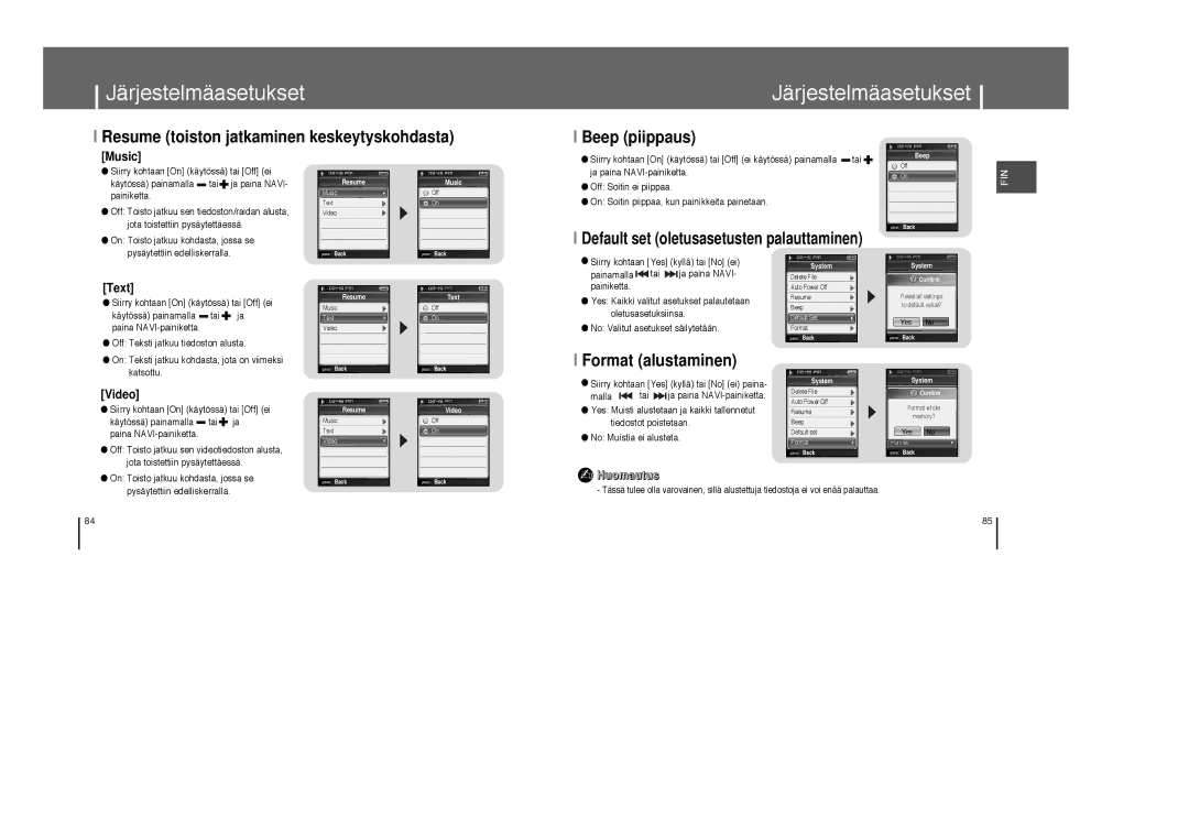 Samsung YP-T8Z/ELS, YP-T8X/ELS manual Resume toiston jatkaminen keskeytyskohdasta, Beep piippaus, Format alustaminen 