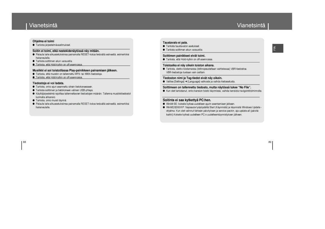 Samsung YP-T8Z/ELS, YP-T8X/ELS manual Vianetsintä, Soitinta ei saa kytkettyä PChen, Tarkista järjestelmävaatimukset 