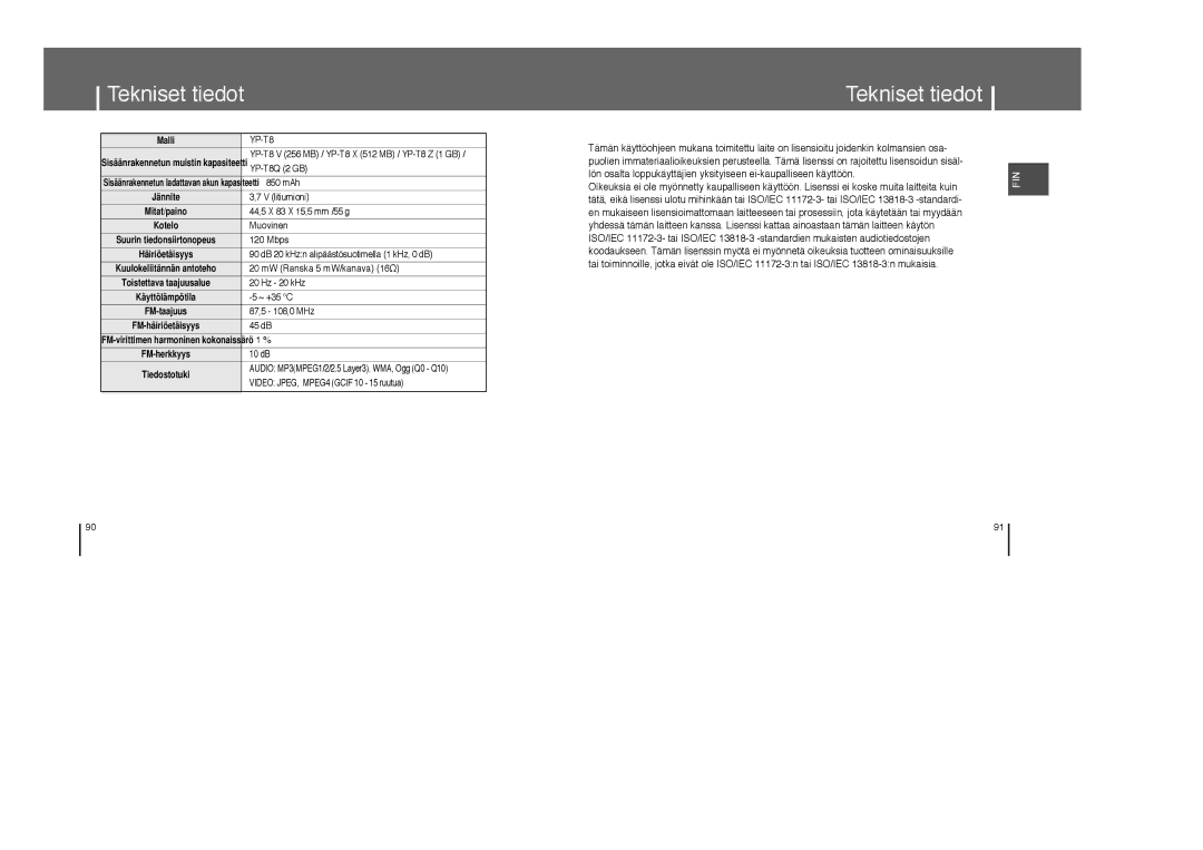 Samsung YP-T8X/ELS, YP-T8Z/ELS manual Tekniset tiedot 