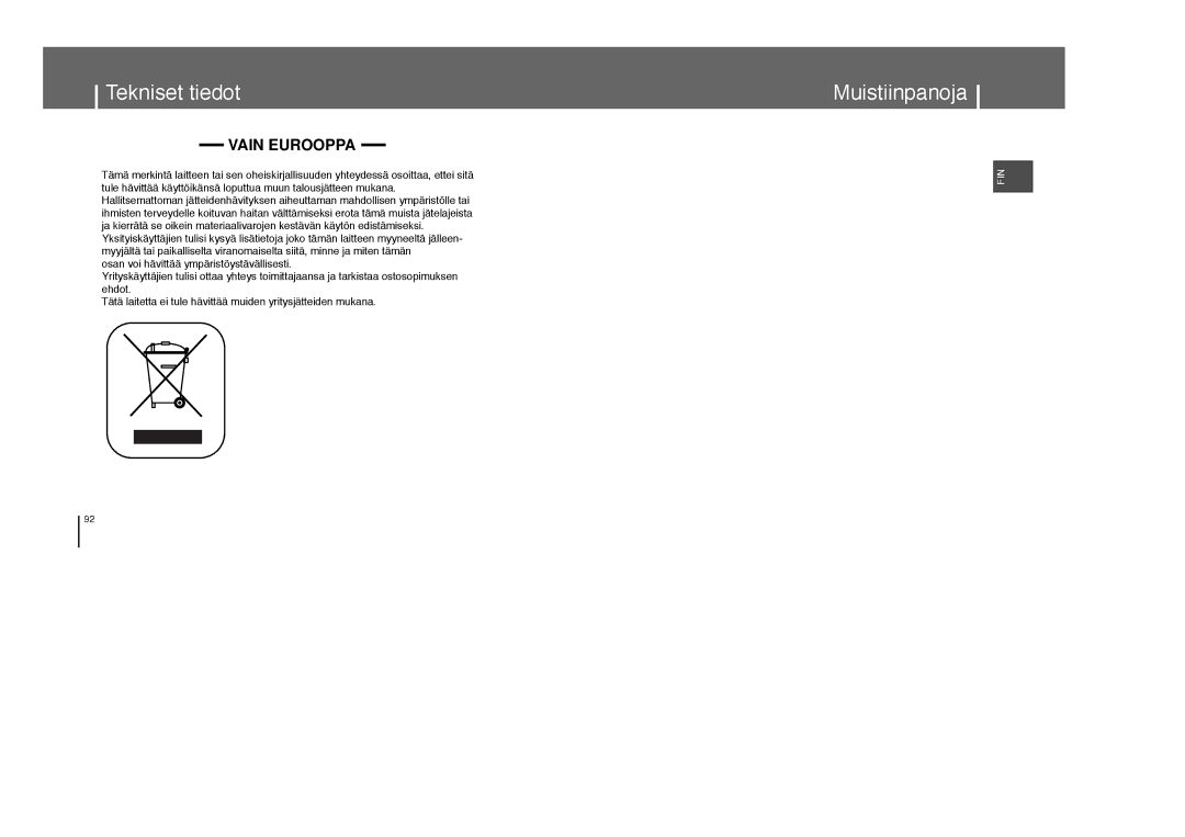 Samsung YP-T8Z/ELS, YP-T8X/ELS manual Muistiinpanoja, Vain Eurooppa 