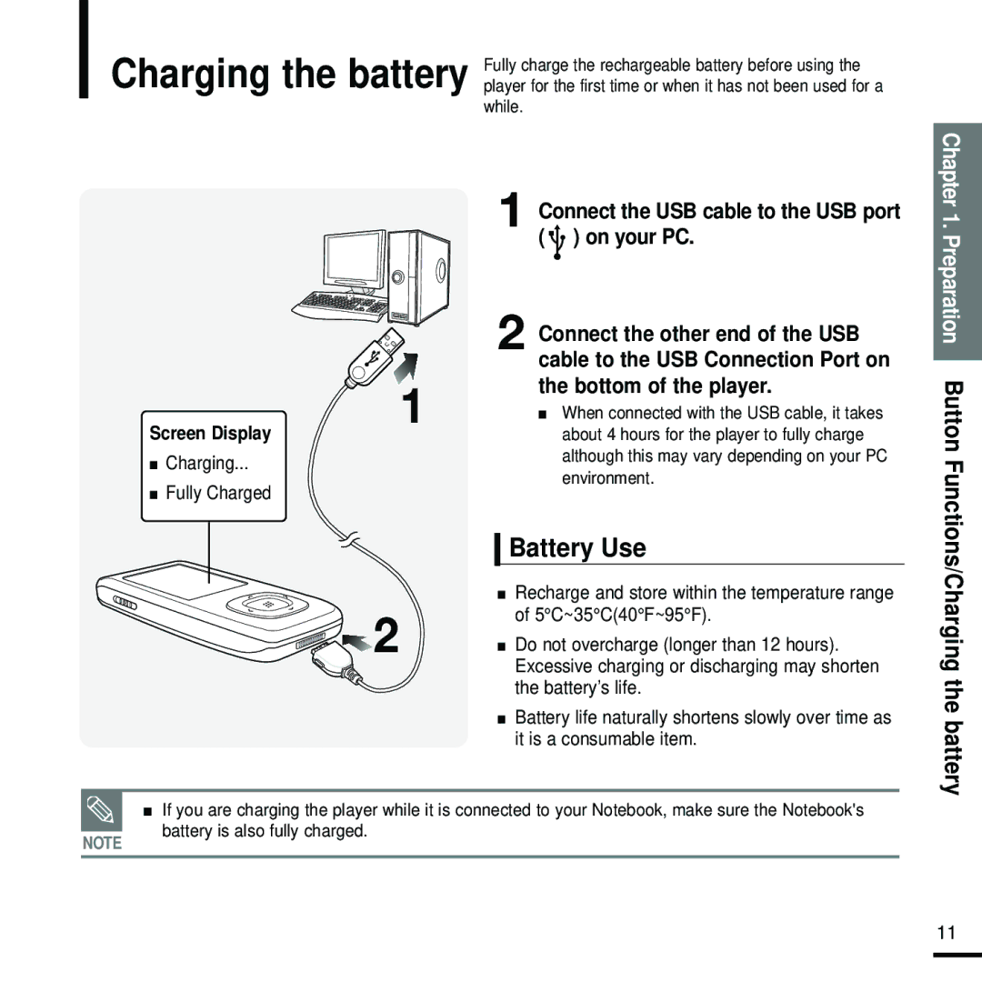 Samsung YP-T9 manual Battery Use, Screen Display 