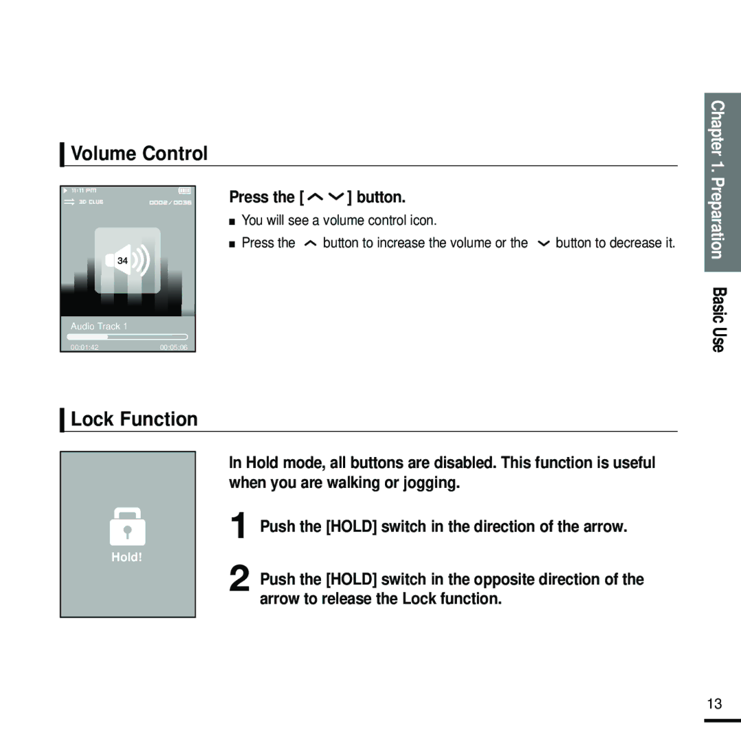 Samsung YP-T9 manual Volume Control, Lock Function, Press the button, You will see a volume control icon 