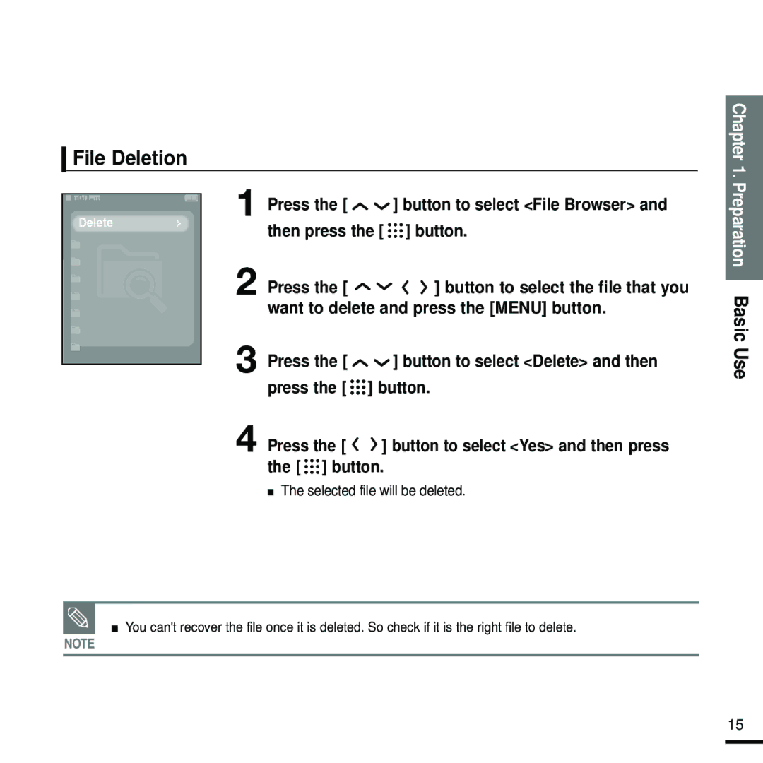 Samsung YP-T9 manual File Deletion, Then press the button, Want to delete and press the Menu button 