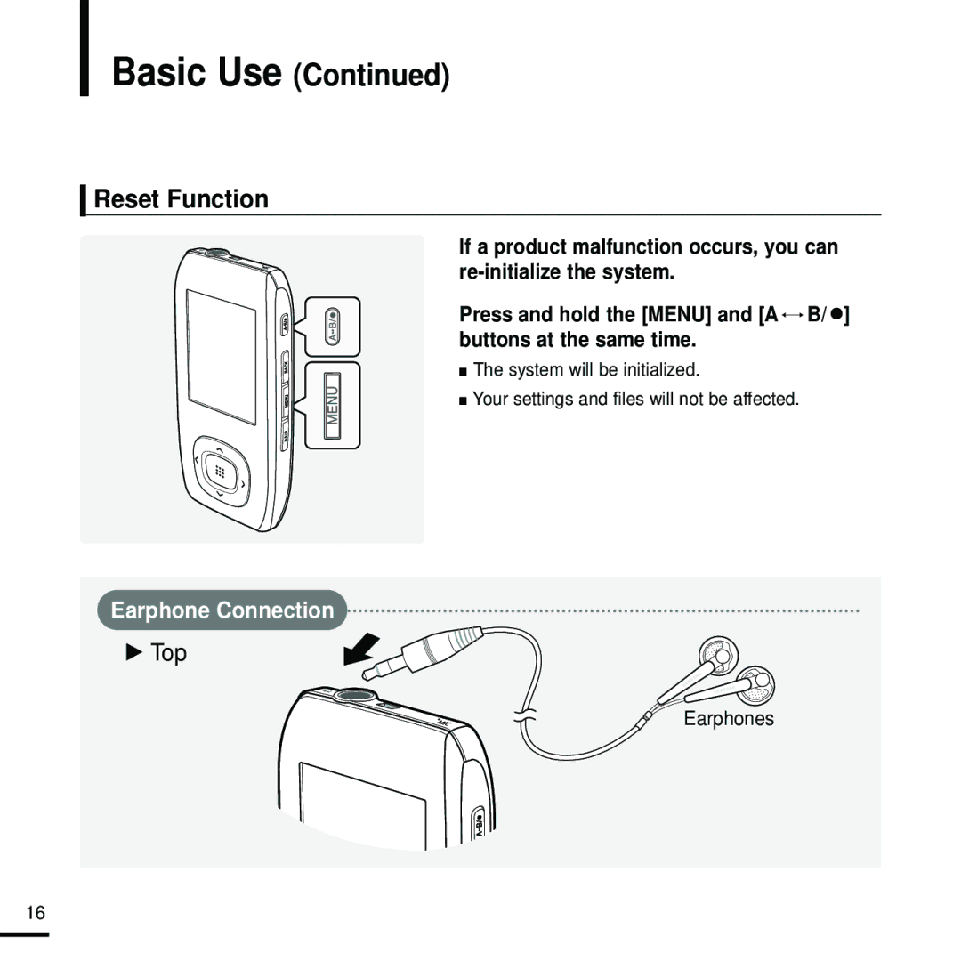 Samsung YP-T9 manual Reset Function, Earphone Connection 