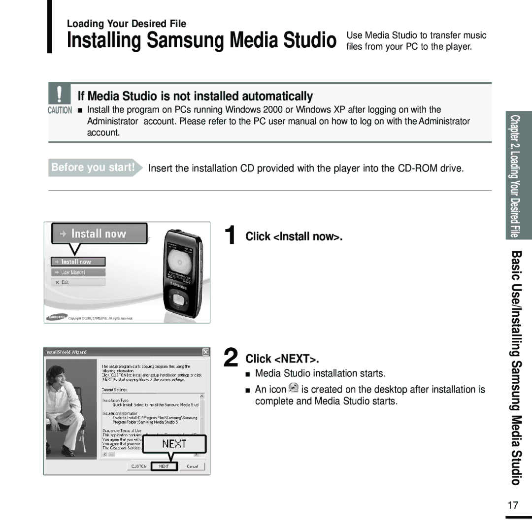 Samsung YP-T9 manual Click Install now Click Next, Media Studio installation starts 