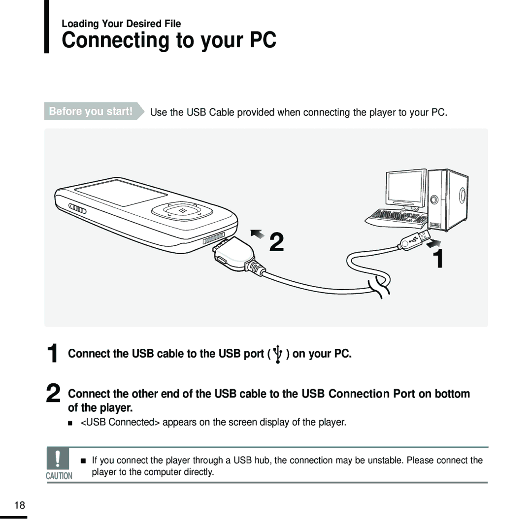 Samsung YP-T9 manual Connecting to your PC, USB Connected appears on the screen display of the player 