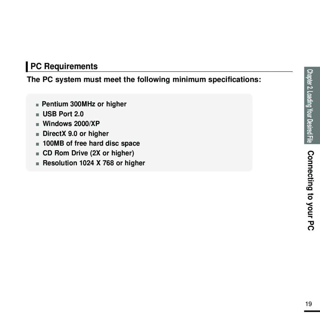 Samsung YP-T9 manual PC Requirements, PC system must meet the following minimum specifications 