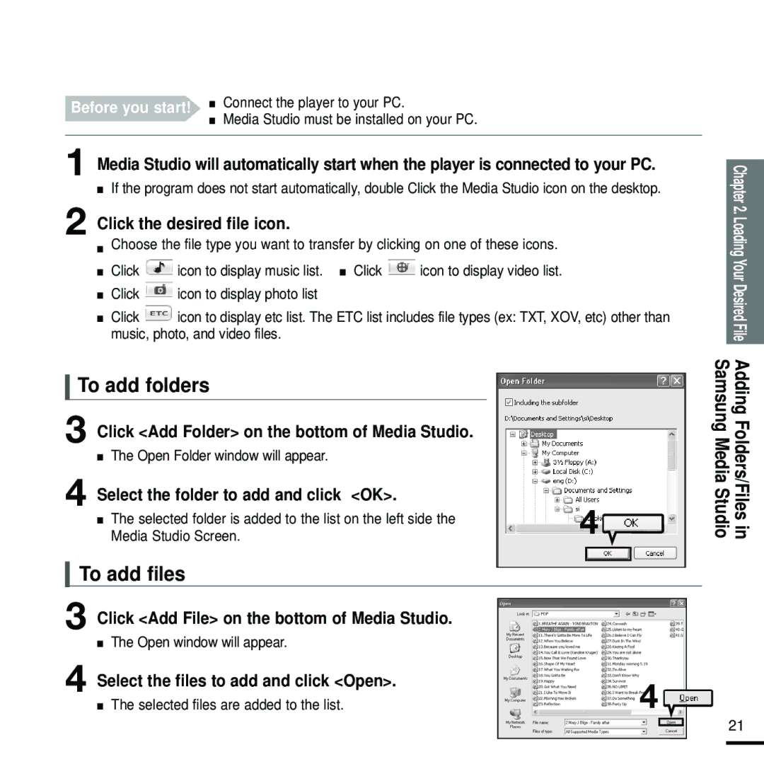 Samsung YP-T9 manual To add folders, To add files 