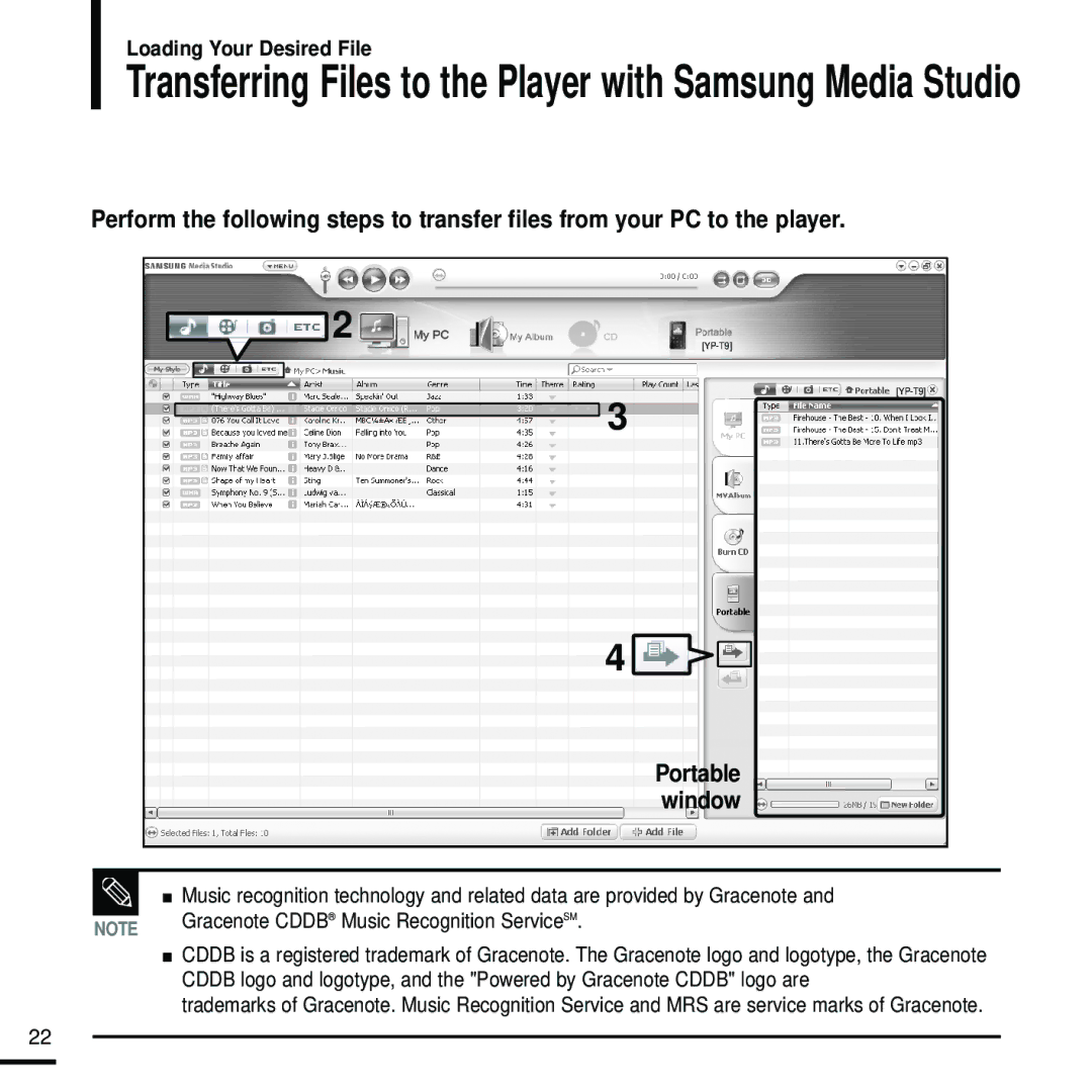 Samsung YP-T9 manual Transferring Files to the Player with Samsung Media Studio, Portable window 