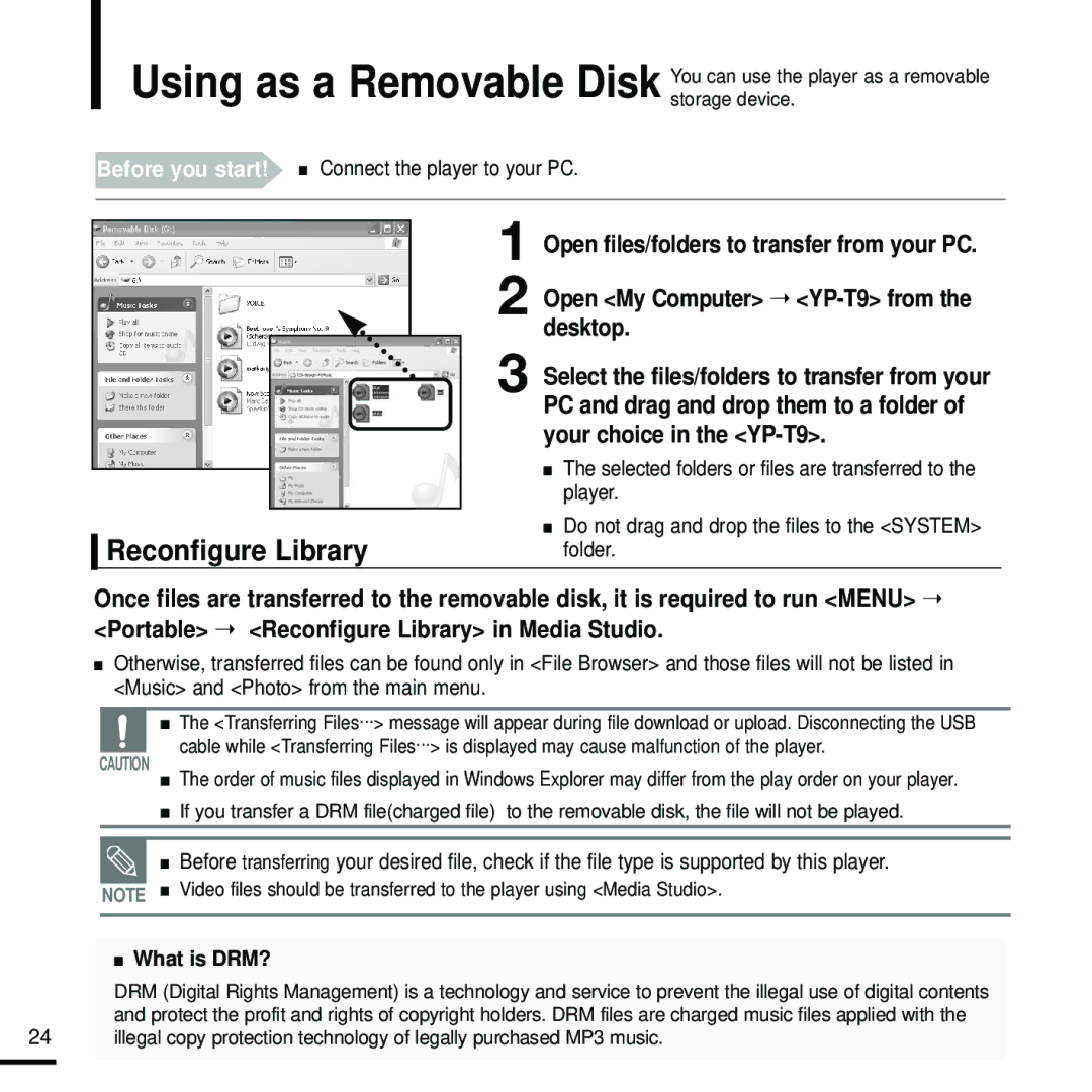 Samsung YP-T9 manual Reconfigure Library, Before you start! Connect the player to your PC, What is DRM? 