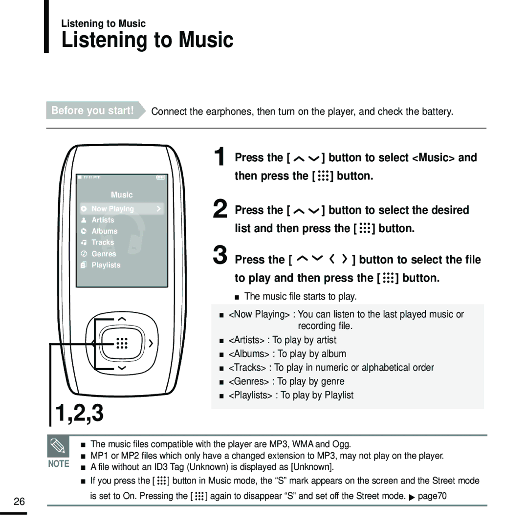 Samsung YP-T9 manual Listening to Music, Then press 