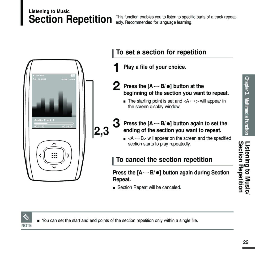 Samsung YP-T9 manual To set a section for repetition, To cancel the section repetition, Play a file of your choice 