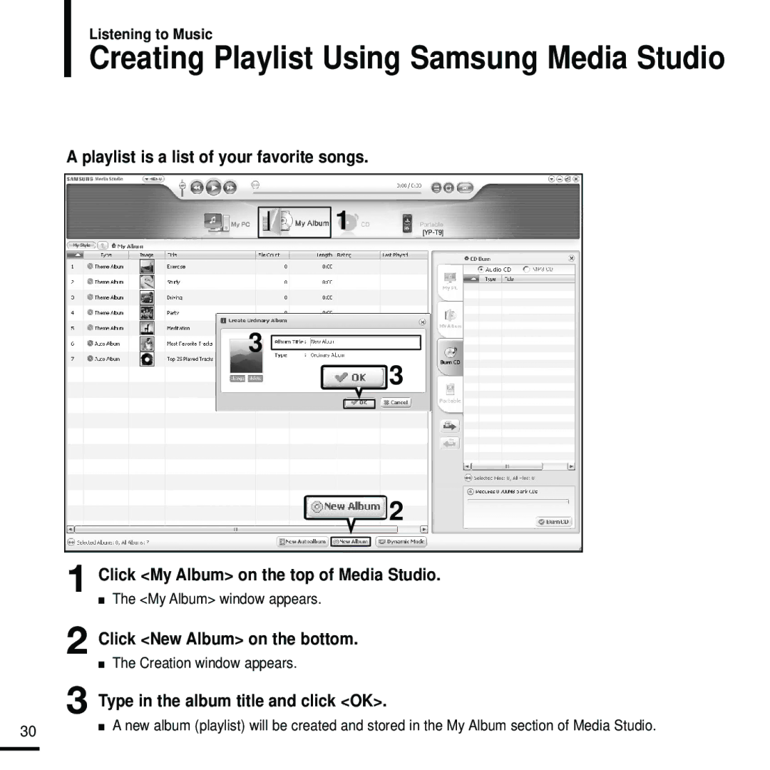 Samsung YP-T9 manual Playlist is a list of your favorite songs, Click My Album on the top of Media Studio 