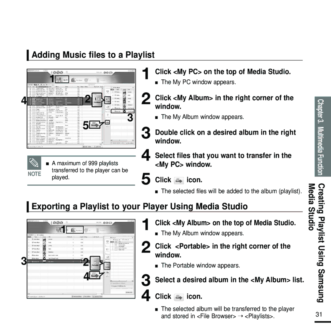 Samsung YP-T9 manual Adding Music files to a Playlist, Double click on a desired album in the right window, Media Creating 