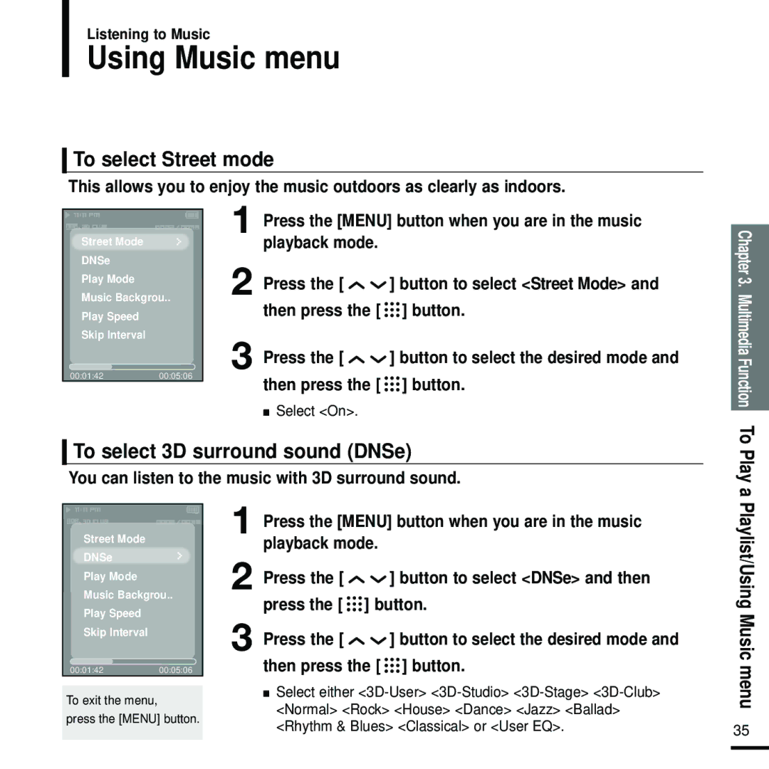 Samsung YP-T9 manual To select Street mode, To select 3D surround sound DNSe, Playlist/Using Music menu 