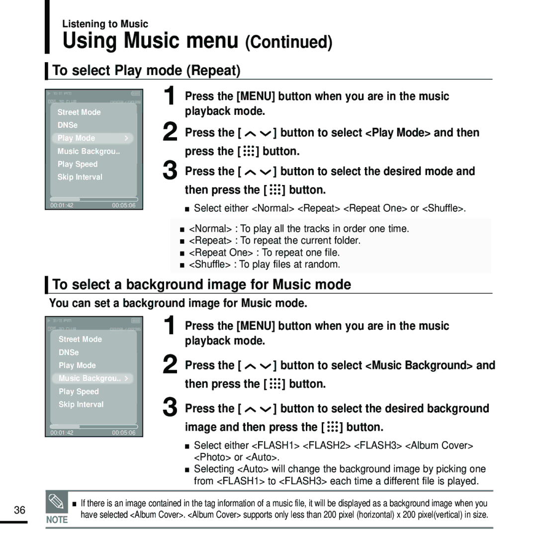 Samsung YP-T9 manual To select Play mode Repeat, To select a background image for Music mode, Playback mode 