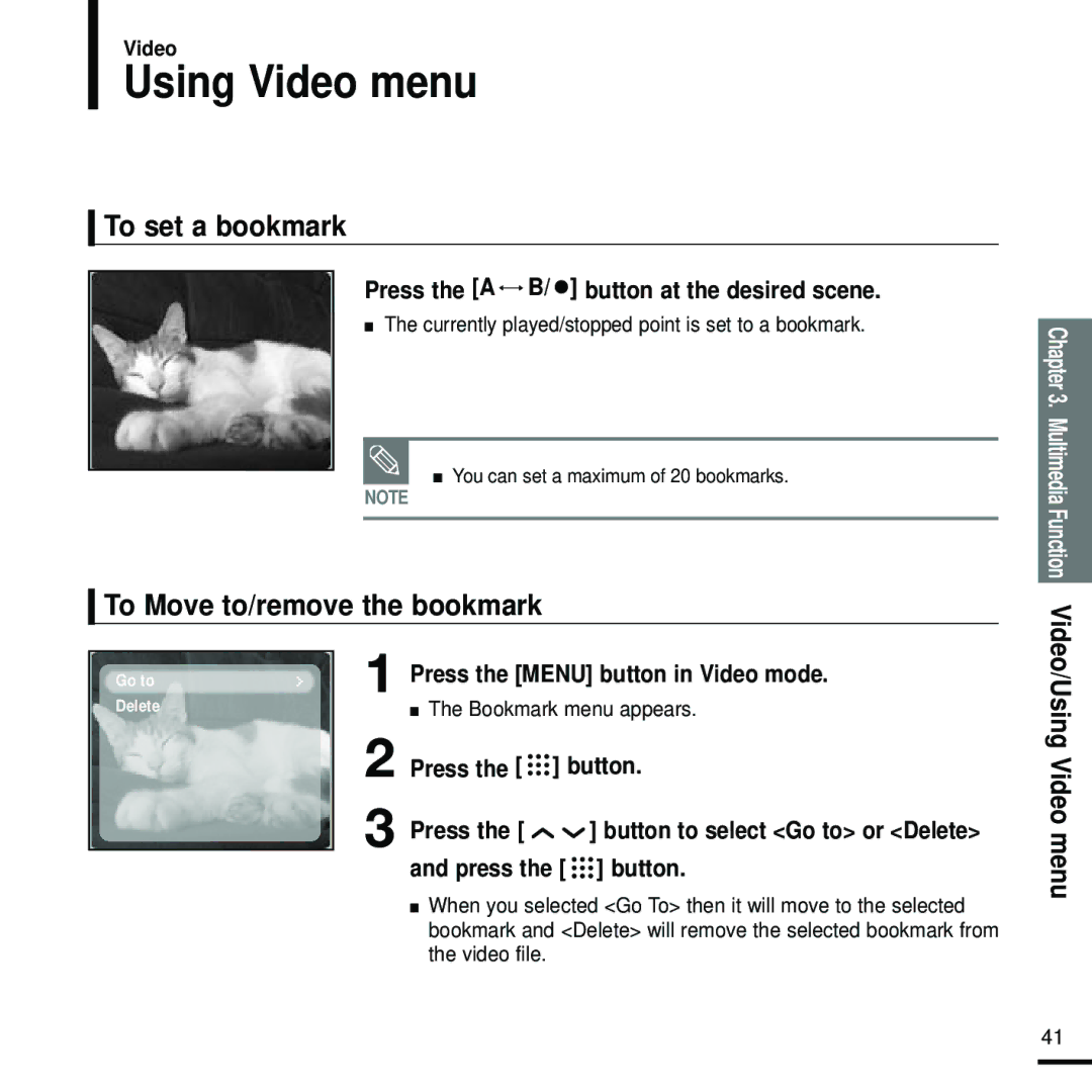 Samsung YP-T9 manual Using Video menu, To set a bookmark, To Move to/remove the bookmark 