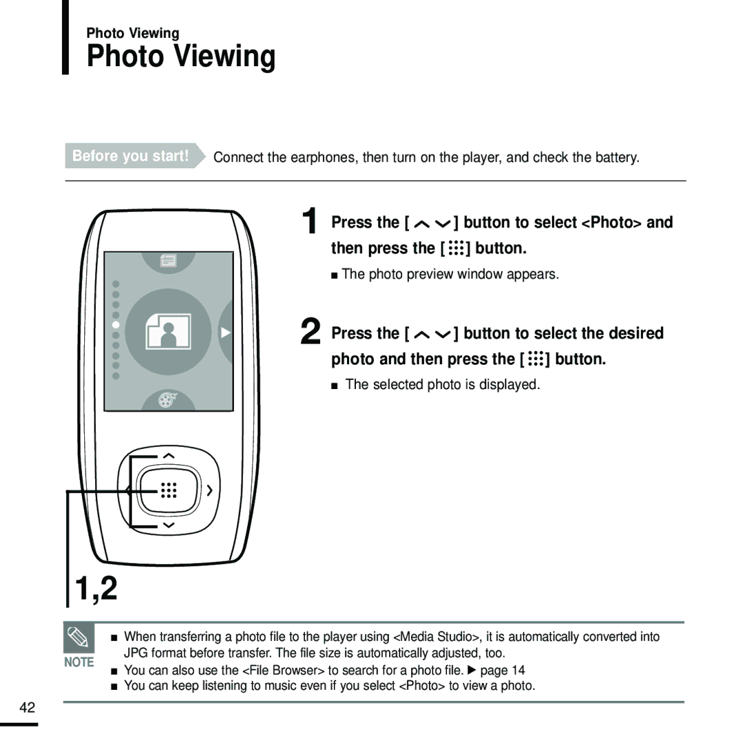 Samsung YP-T9 Photo Viewing, Press the button to select Photo and then press the button, Photo preview window appears 