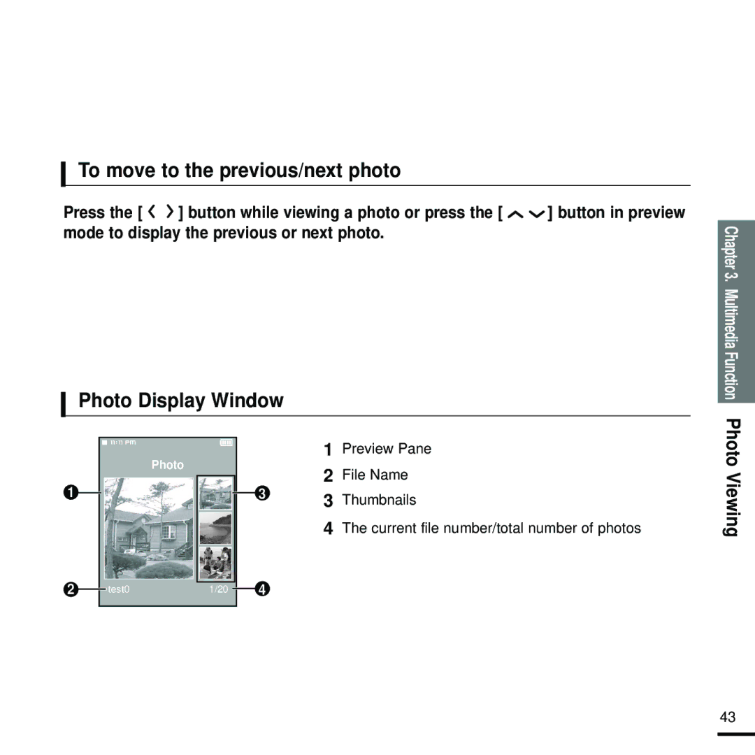 Samsung YP-T9 manual To move to the previous/next photo, Photo Display Window, Viewing 