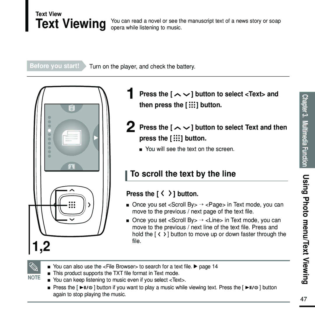 Samsung YP-T9 manual To scroll the text by the line, Button to select Text Then press the button, Text View, Press 