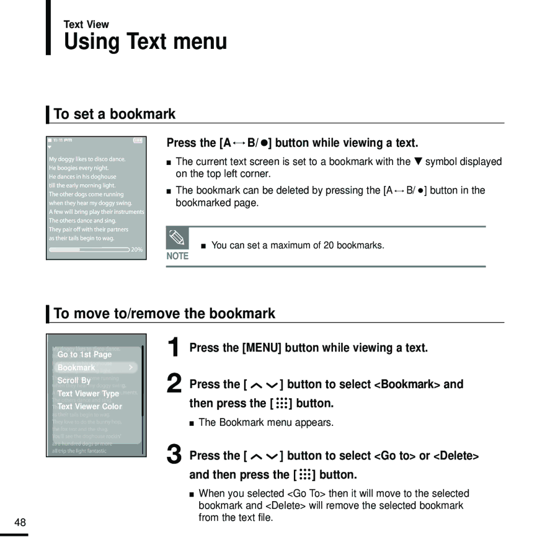 Samsung YP-T9 manual Using Text menu, Press the a B/ button while viewing a text, From the text file 