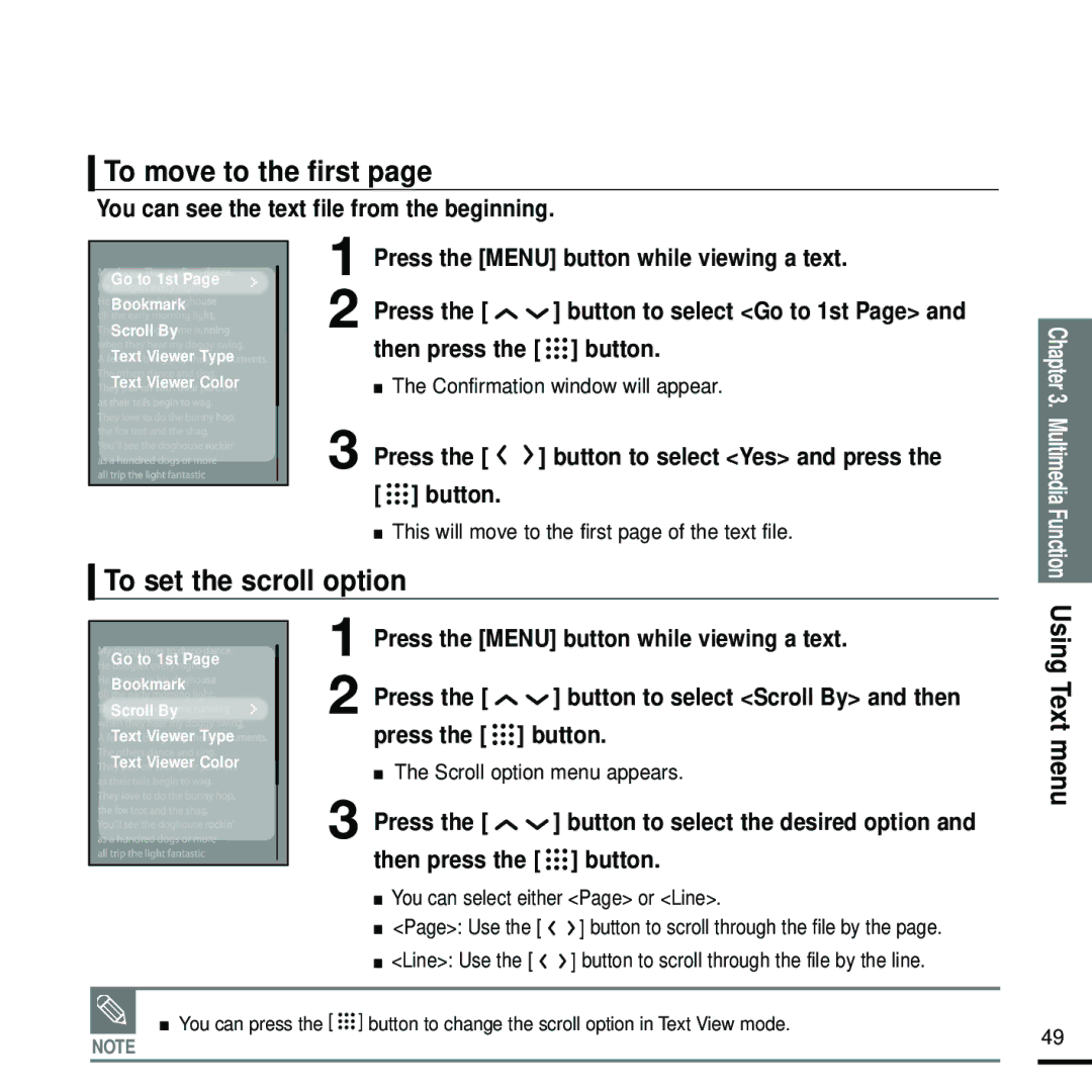 Samsung YP-T9 manual To move to the first, To set the scroll option, You can see the text file from the beginning 