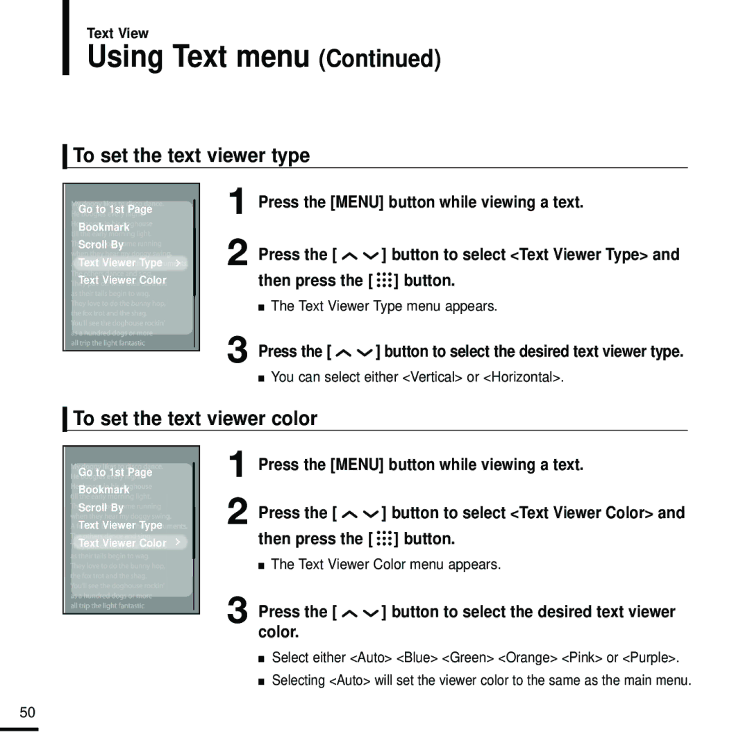 Samsung YP-T9 manual To set the text viewer type, To set the text viewer color 