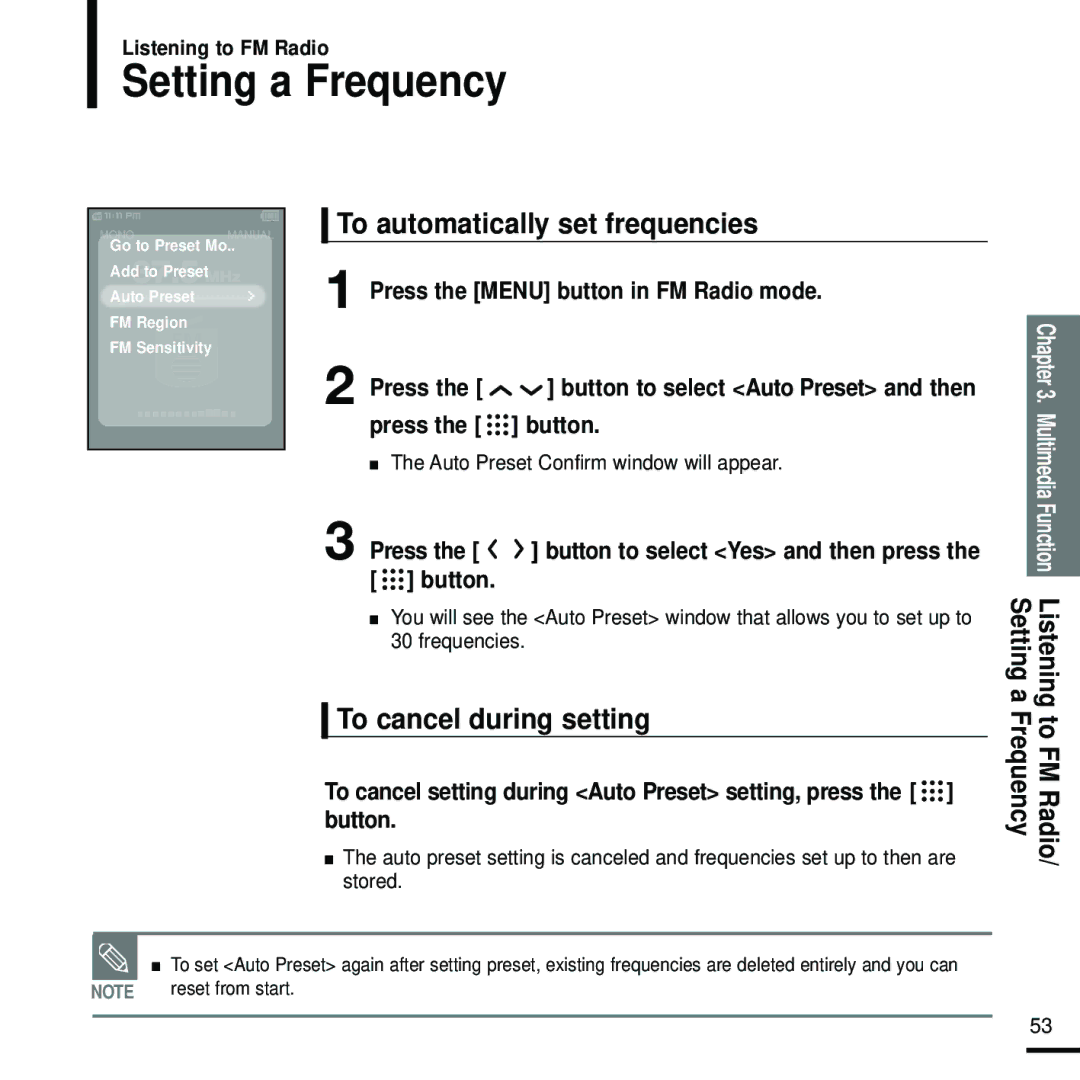 Samsung YP-T9 manual Setting a Frequency, To automatically set frequencies, To cancel during setting 