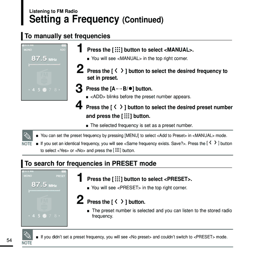 Samsung YP-T9 To manually set frequencies, To search for frequencies in Preset mode, Press the button to select Preset 