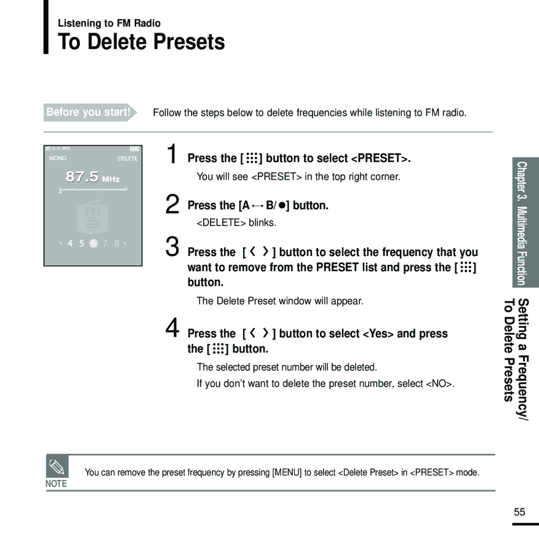 Samsung YP-T9 manual To Delete Presets, Want to remove from the Preset list and press the button 