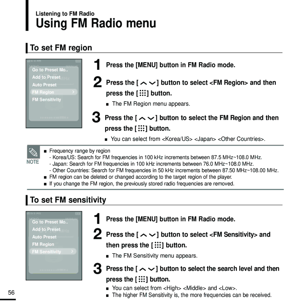 Samsung YP-T9 manual Using FM Radio menu, To set FM region, To set FM sensitivity, Press the Menu button in FM Radio mode 