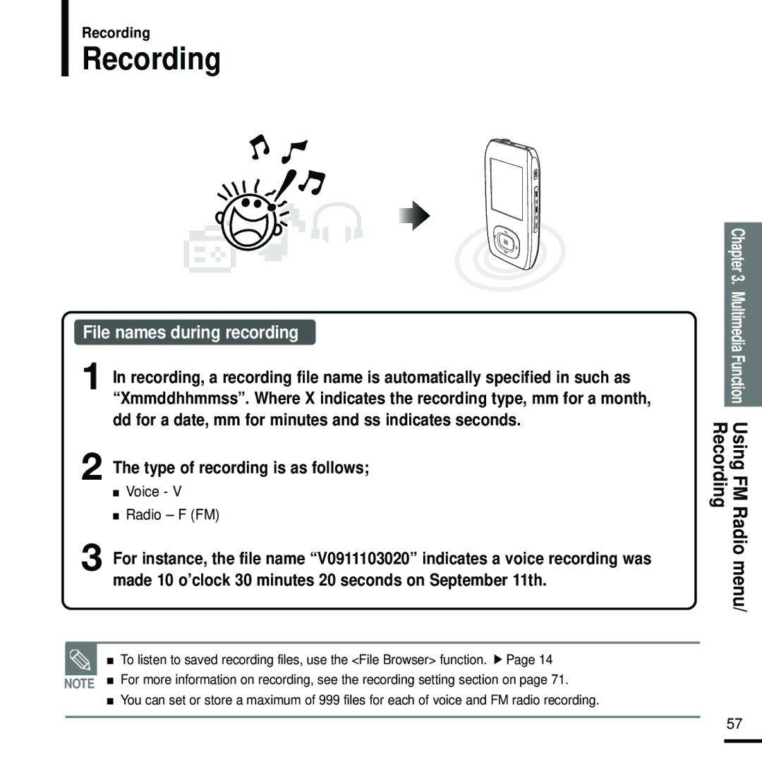 Samsung YP-T9 manual Recording, File names during recording, Type of recording is as follows, Voice Radio F FM 