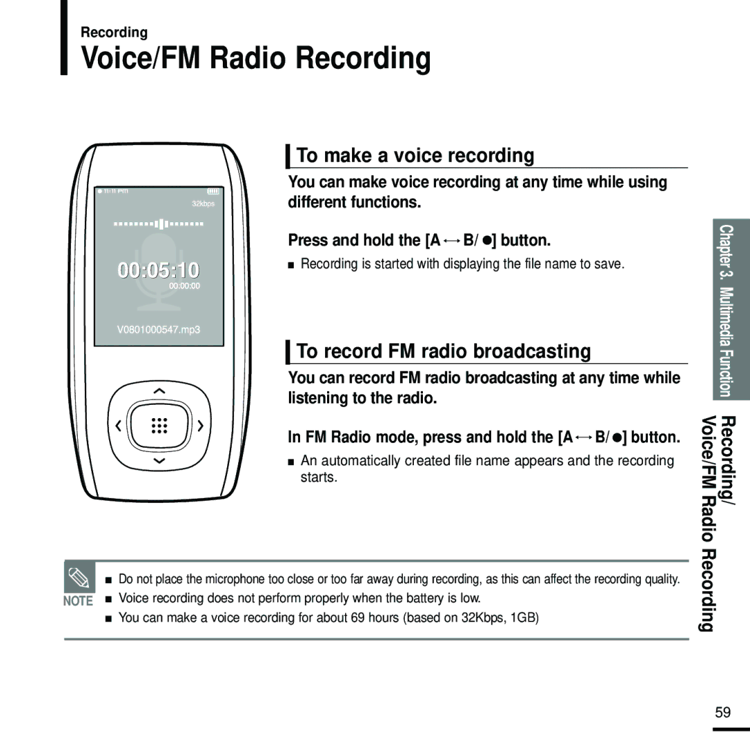 Samsung YP-T9 manual Voice/FM Radio Recording, To make a voice recording, To record FM radio broadcasting 