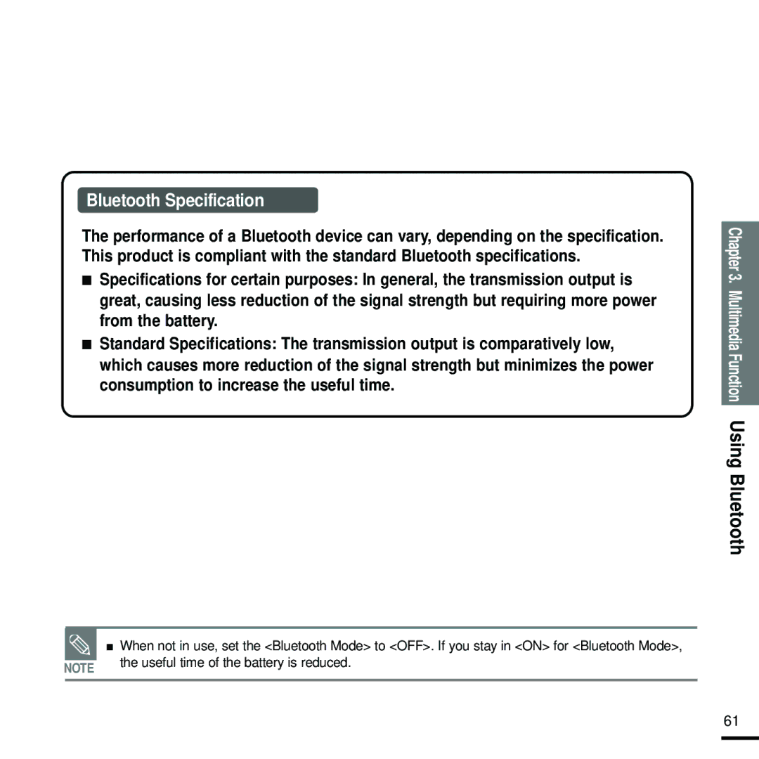 Samsung YP-T9 manual Bluetooth Specification 